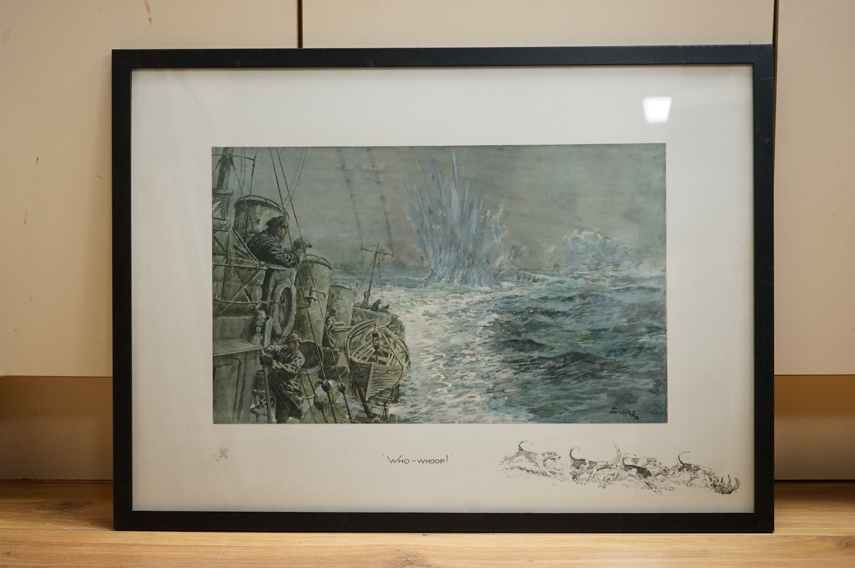 Snaffles’, Charles Johnson Payne (1884-1967), original print, ‘Who – Whoop!’, WWI Destroyer depth charging ‘U’ boat to surface remarque with hounds & fox at bay, signed in pencil, 46 x 54cm
